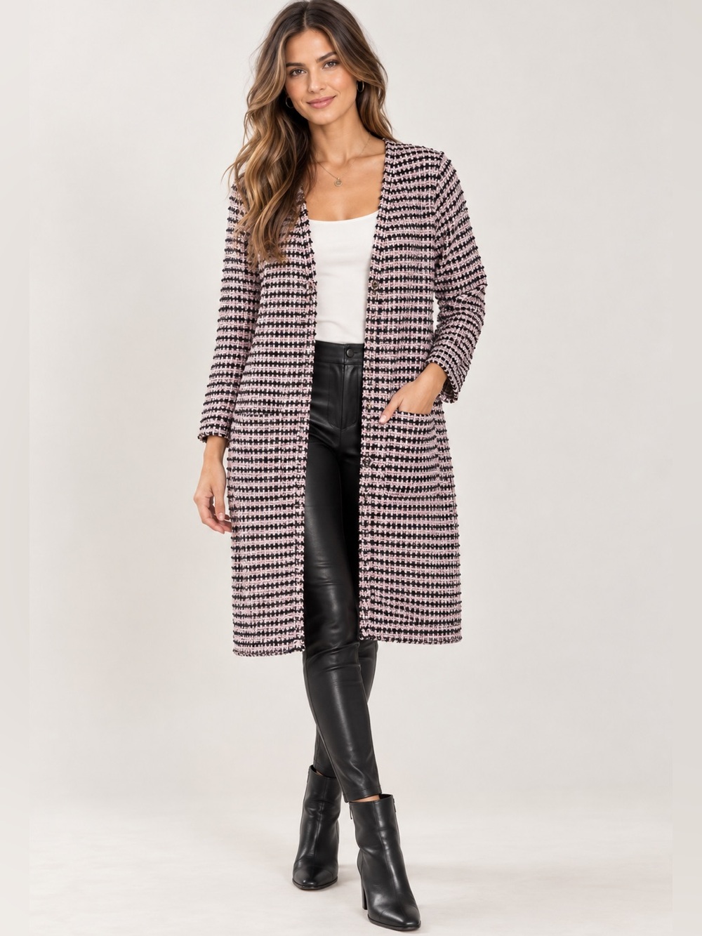 ZARA Pink Black Houndstooth Tweed Knit Duster Cardigan Medium